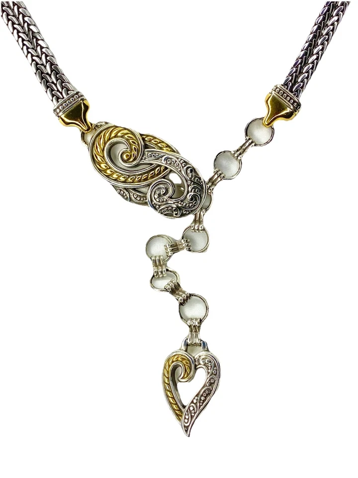 Vintage Brighton Two Tone Chain Belt 39" with Heart Charm Silver Gold Adjustable - Image 3 of 4