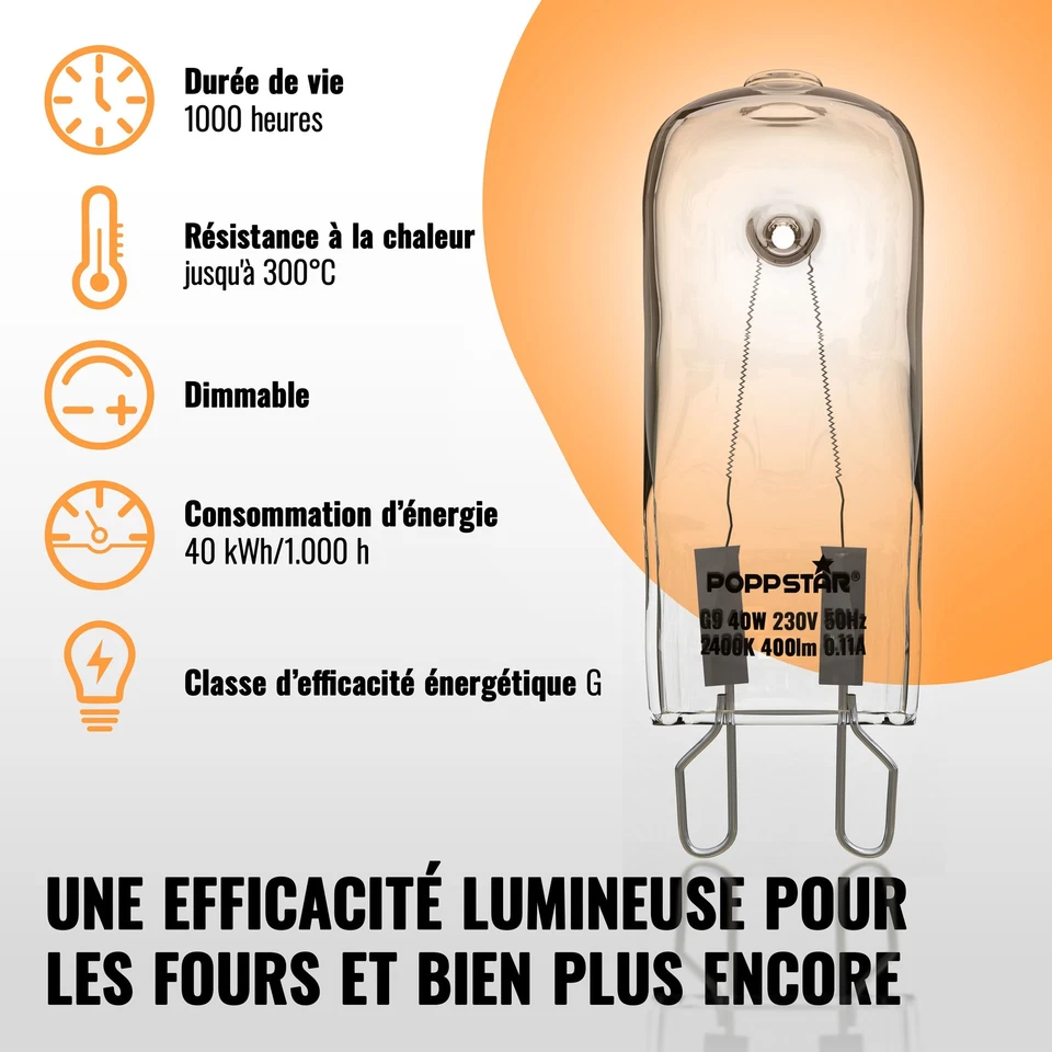 Poppstar 2x Ampoule de Four G9 40W Résistante à 300 °C 2400K blanc chaud 400lm - Photo 3/4