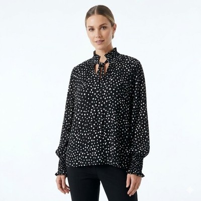 Max Studio Womens XS Black & White Pleated High Neck Polka Dot Top Accordion