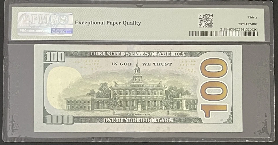 $100 BINARY NEAR SOLID LOW 1 DIGIT 7 OF A KIND FANCY SERIAL NUMBER PMG 30 EPQ - Image 2 of 2
