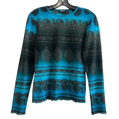 MEXX Women Mesh Top Medium Vintage Blue Paisley Floral Tattoo Long Sleeve