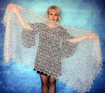 Hand knit white scarf, Russian Orenburg shawl, Wool wrap, Bridal cape, Pashmina