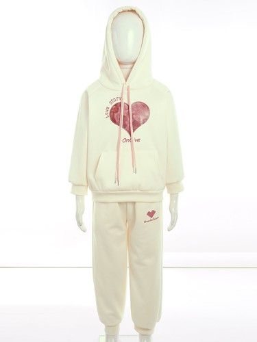 Kids Girls Tracksuit Heart Print Hooded Outfit Sweatpants Running Sweatshirt - Picture 17 of 36