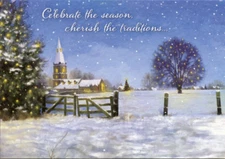Church and Fence in Falling Snow Designer Greetings Christmas Card