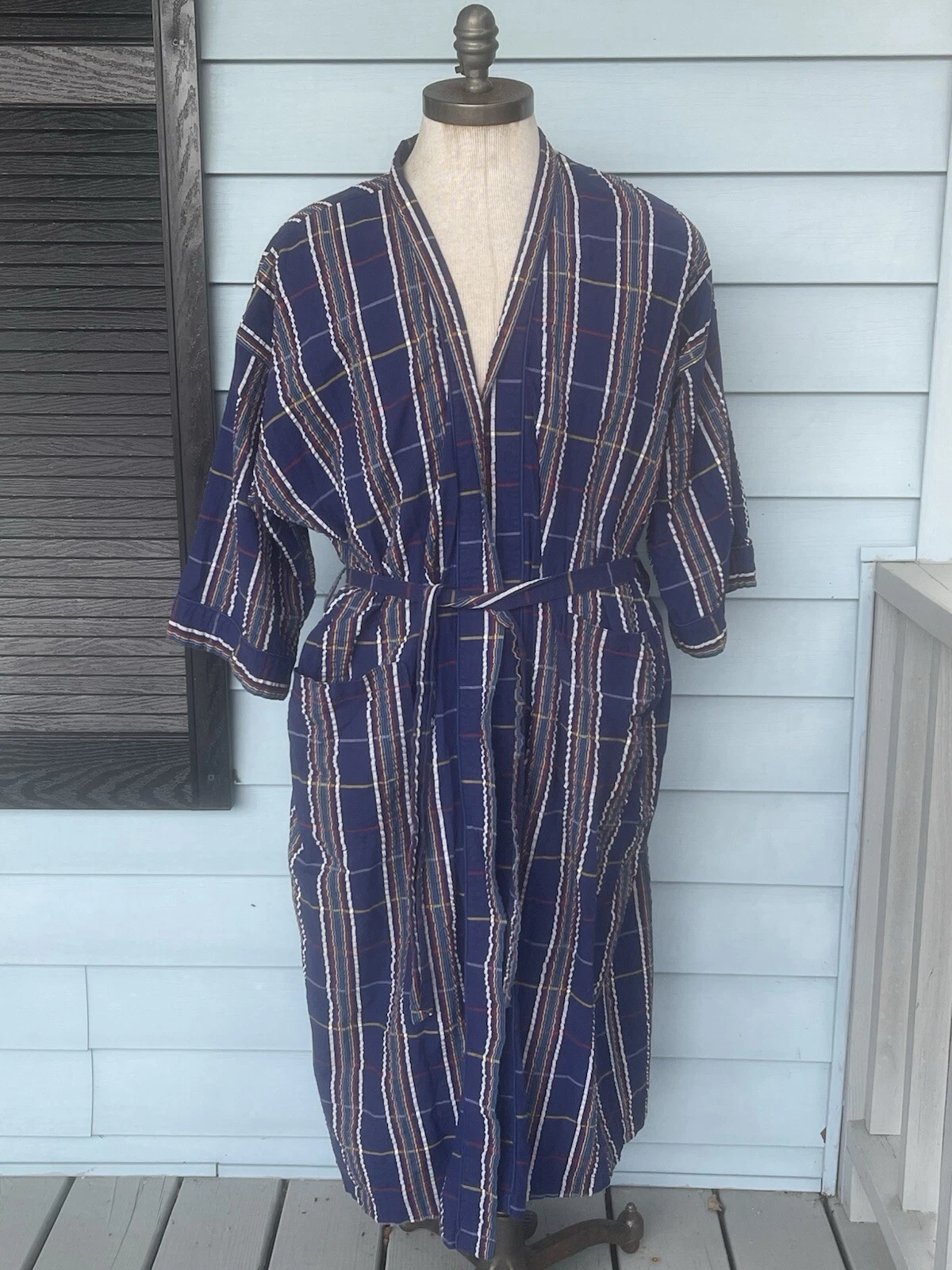 Robe Christian Dior De Chambre Bleu/Multi Plaid Rayure Robe avec Poches Taille Unique
