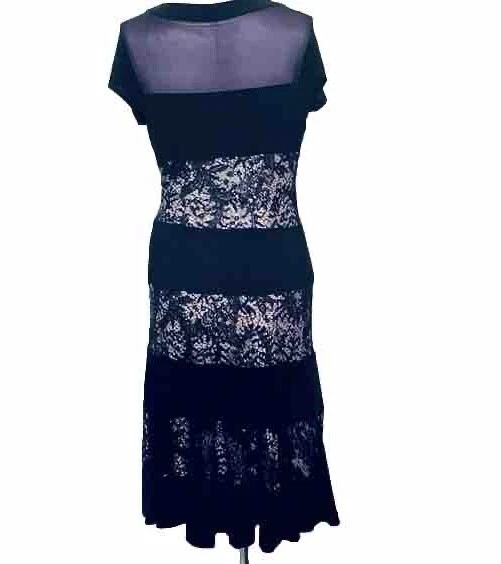 "Vestido de malla azul R&M Richards encaje en capas, lentejuelas forrado a rayas talla 14 busto 42""" Foto 2 de 4