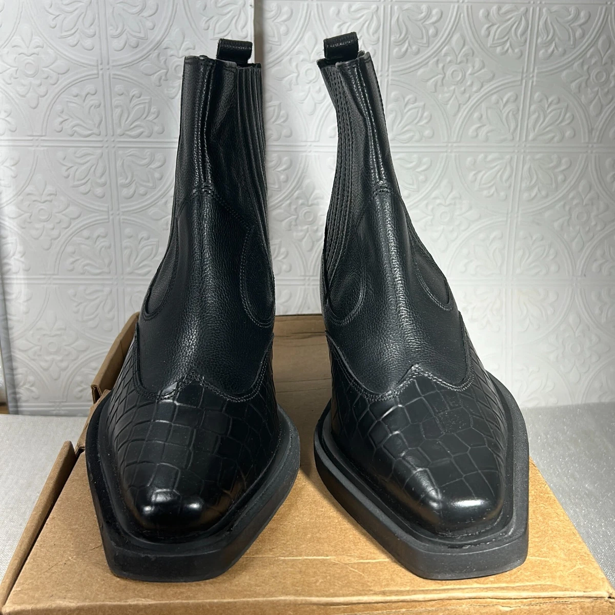 Topshop Black Animal Print Wide Fit Miffy Leather Western Ankle