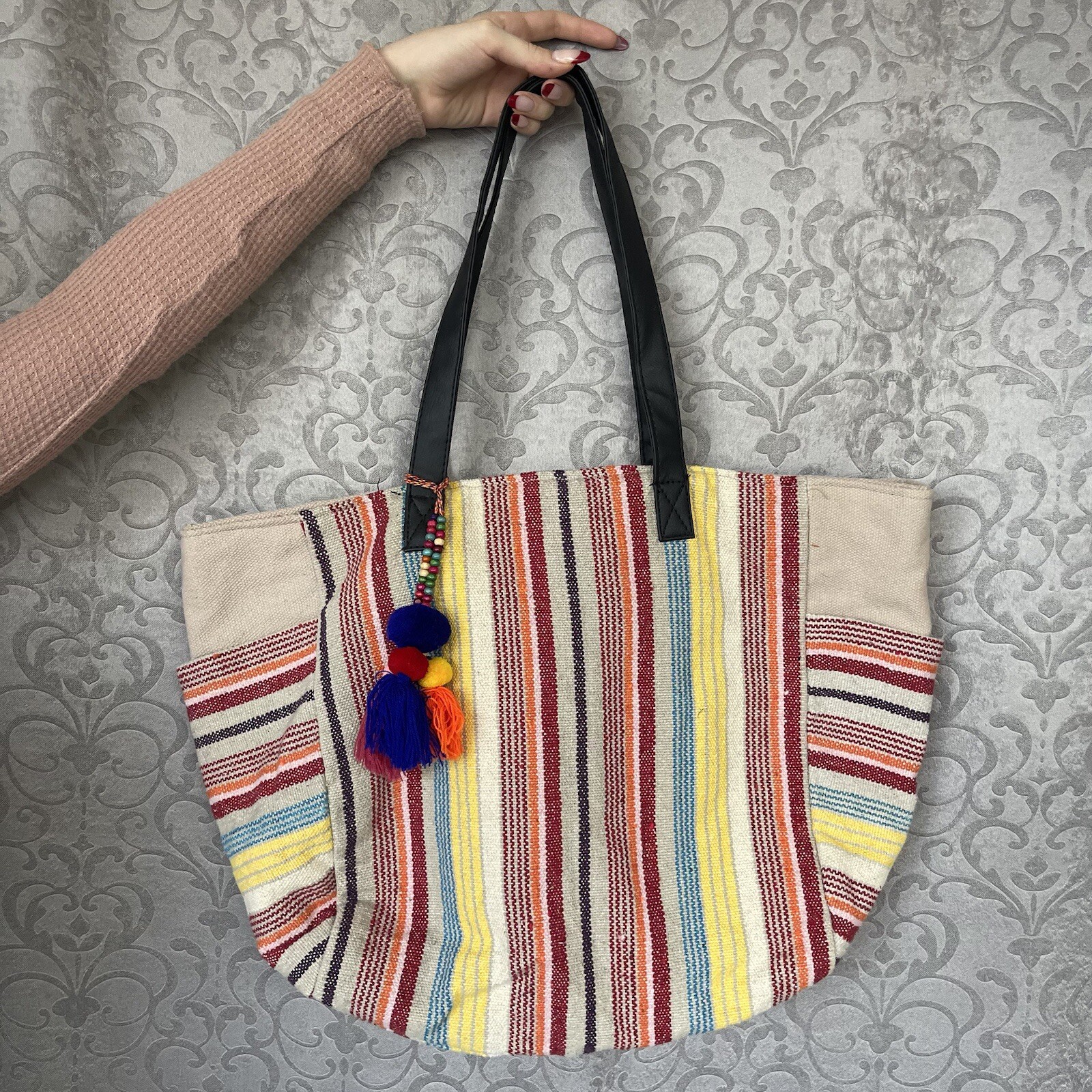Bohemian Striped Beach Tote Bag with Embellished Details