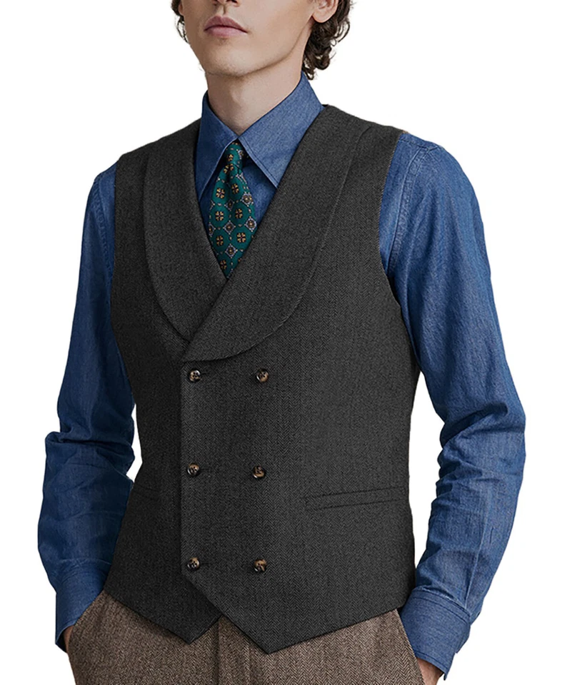 Shawl lapel Vests Mens Double-breasted Waistcoats Tweed Herringbone Wedding Wool - Photo 4/4