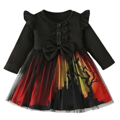 Helloween Black Color Long Sleeve Printed Baby Girl Frock
