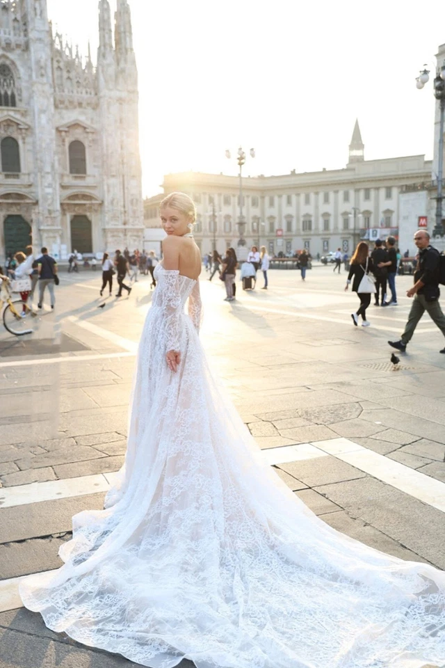 Vestidos de novia apliques de encaje fuera del hombro vestidos de baile de novia mangas largas novia Foto 4 de 4