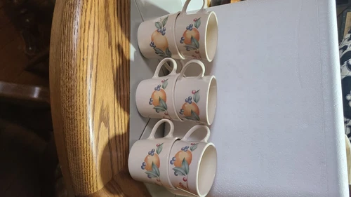 Set of 6 Vintage Corning Ware Coffee Tea  Mugs Cups Peach  Fruits Print New NOS