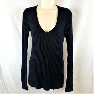Express-Womens-Size-Medium-Black-Deep-V-neck-Cable-Knit-Ribbed-Fitted-Sweater