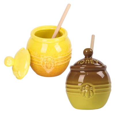  2er-Set Honigglas aus Keramik mit Schöpflöffel, Honigglas mit Deckel, Honigtopf