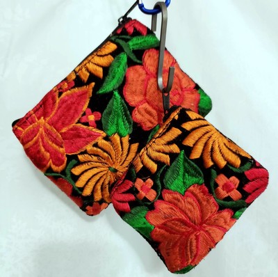EMBROIDERED FLOWERS GUATEMALA PURSE COSMETIC MAKE UP LIPSTICK COIN POUCH SET