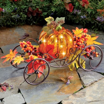 Solar Lighted Pumpkin Stage Coach Wagon Thanksgiving Halloween Fall Home Decor