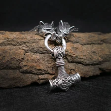 Mens Stainless Steel Heavy Wolf Viking Thors Hammer Pendant Necklace Vintage Men