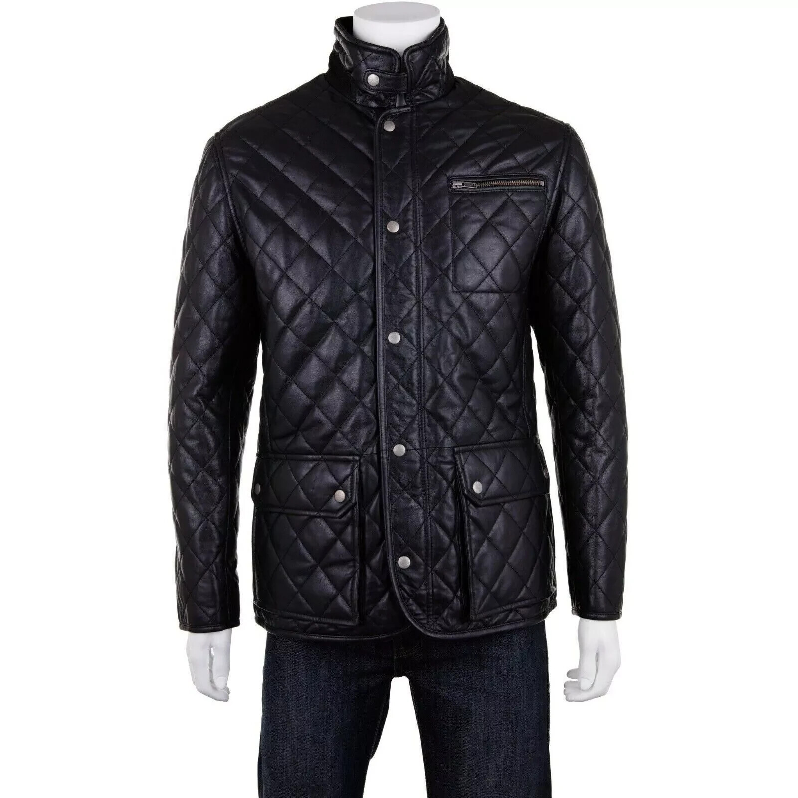 Men's Quilted Soft Leather Overcoat Classic Black Genuine Lambskin Winter Jacket