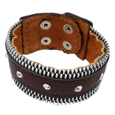 Bracelet Unisexe En Cuir Marron Avec Fermeture éclair Et Cristaux Blancs - Neuf Sans Emballage