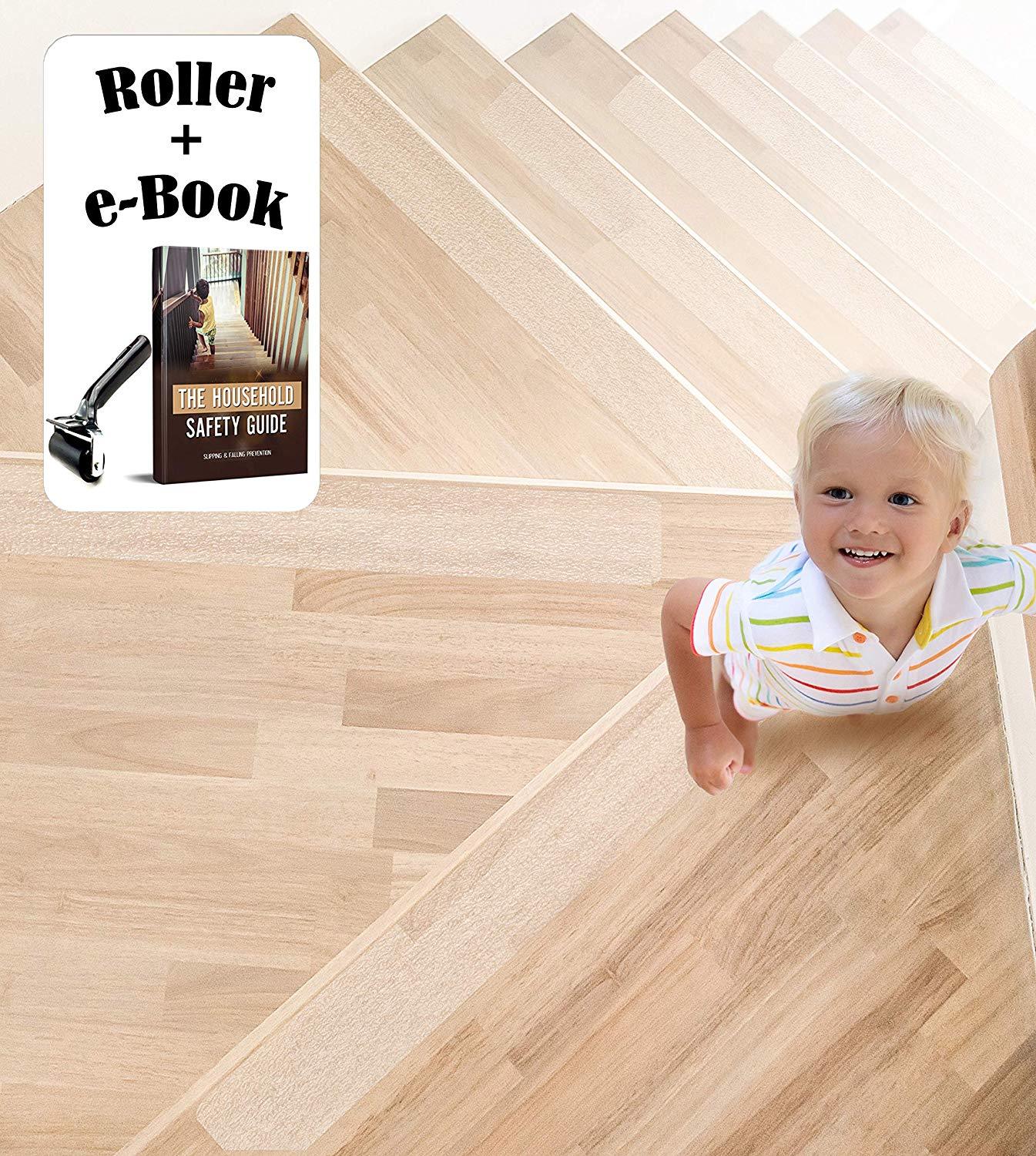 A1 Gear Clear Stair Treads - (15 Pack) Pre Cut Anti Slip Tape w/ Roller & eBook