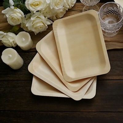 NATURAL BIRCH WOODEN 8'' x 5'' Rectangle PLATES Wedding Party Disposable TABLEWARE