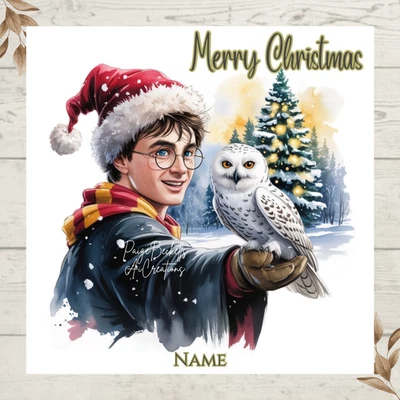 PAIGE BECKETT'S SENTIMENTAL CREATIONS Personalised HARRY POTTER & HEDWIG Christmas Greetings Card NAME/NAMES/RELATION
