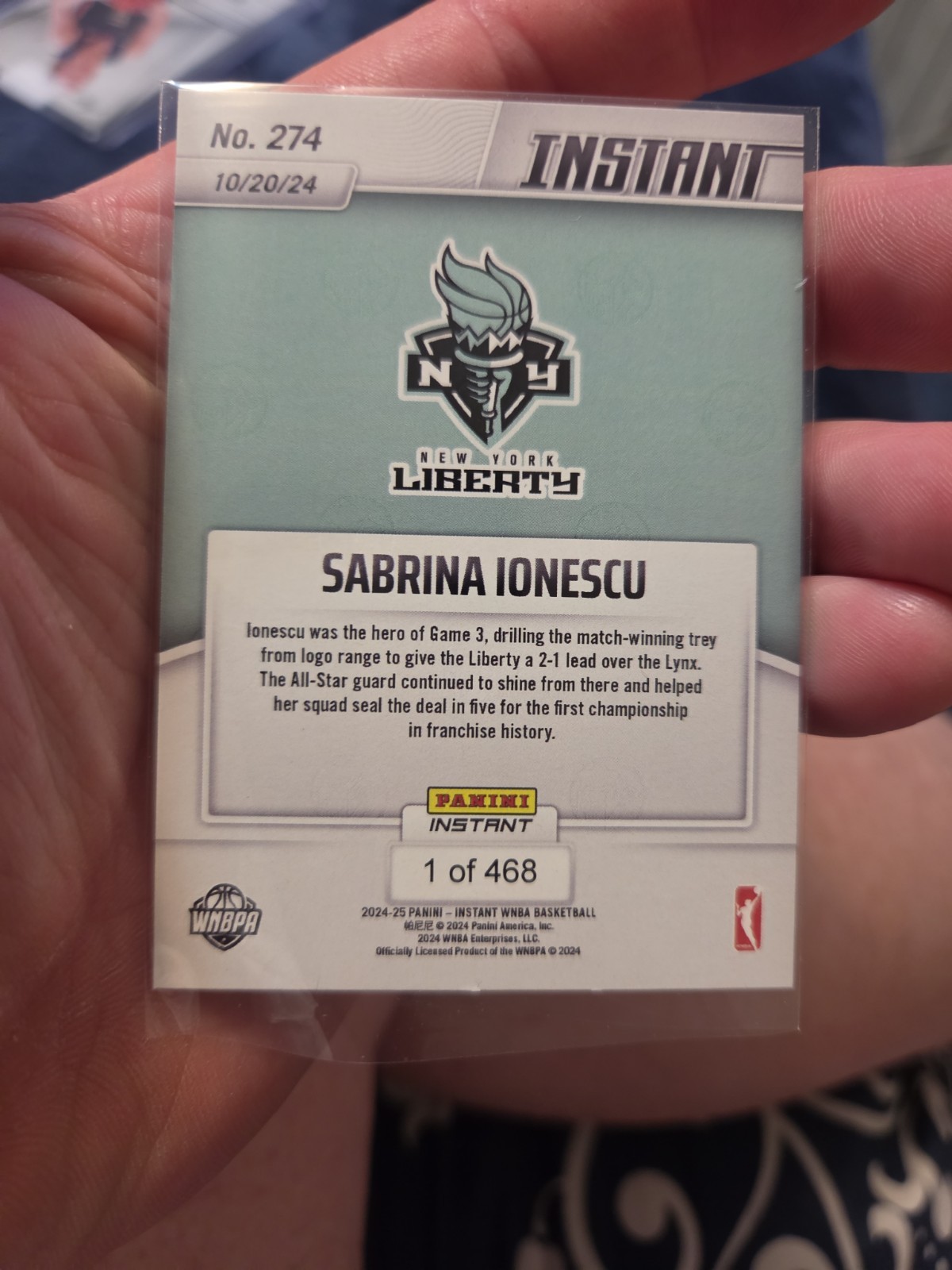 2024 PANINI INSTANT 274 WNBA FINALS CHAMPIONS LIBERTY SABRINA IONESCU SP 1/468 view 4