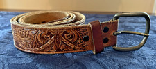 Vintage Hand Tooled Top Grain Leather Belt Patina Eagle Design 45.5" Long KME 27