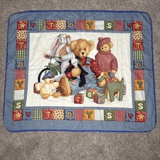 Vtg Blue Jean Teddy Bear Toys Baby Crib Blanket Wall Hanging Quilted 41x34  