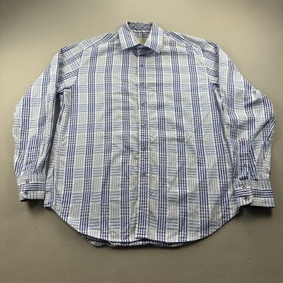 Robert Graham Shirt Mens Large Blue Plaid Check Button Up Flip Cuff Long Sleeve
