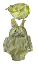 Vintage 70 s Infant Sun Suit Yellow W/ Matching Hat Ducks Embroidery Sz 0-3mo