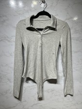 American Eagle Long-Sleeve Collared Neck Ribbed Women Bodysuit Gray Sz Medium