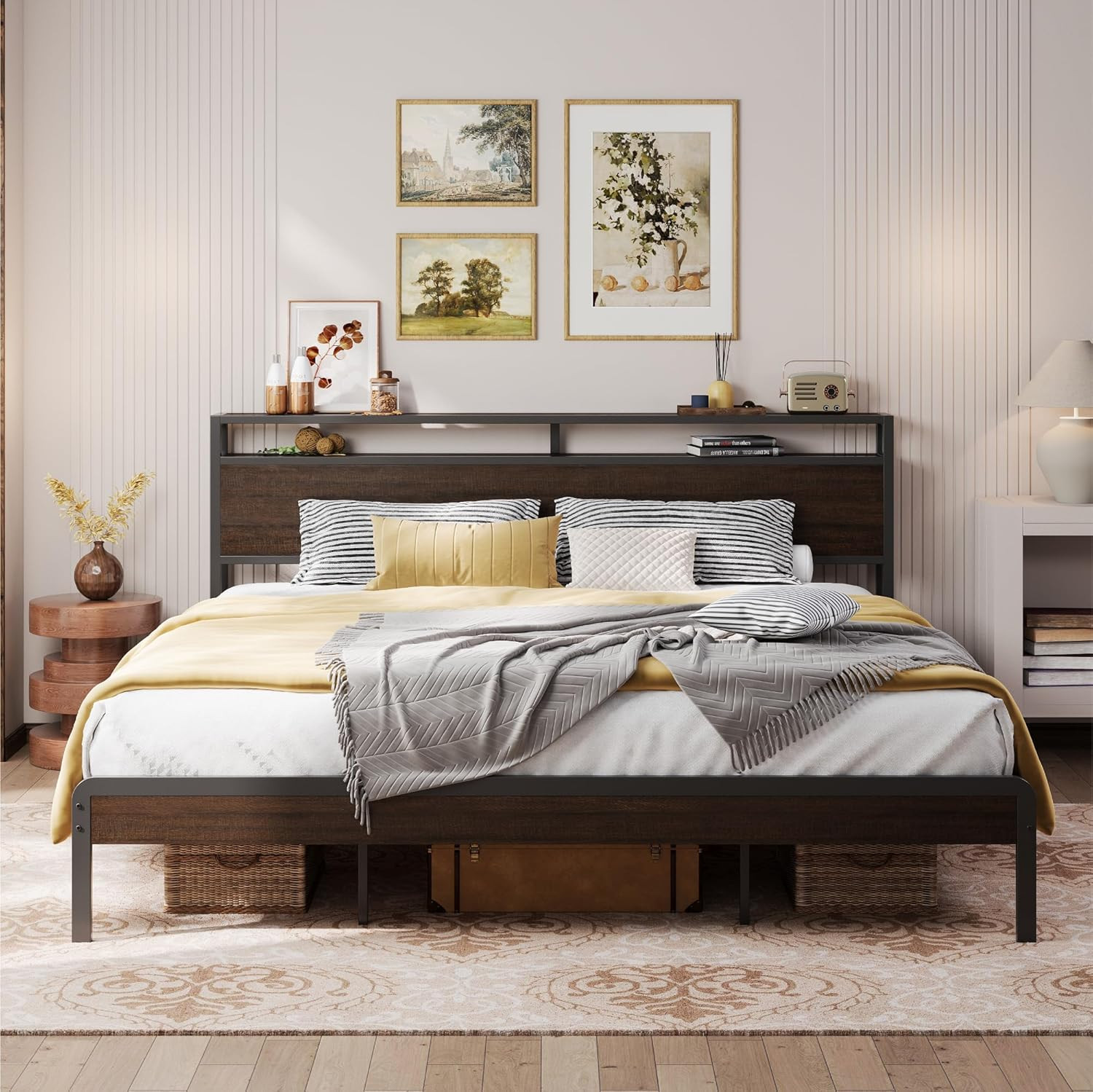 Sturdy Dark Wood California King Bed Frame with Headboard - 