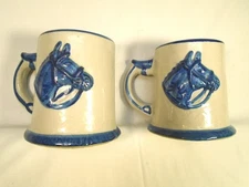 VTG J B TAYLOR LOUISVILLE STONEWARE BLUE WHITE 20 OZ TANKARD HORSE MUGS EXCELLEN