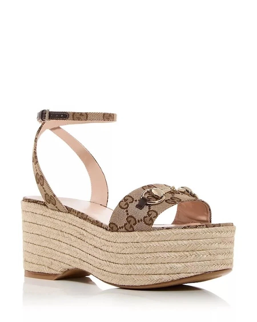 Gucci Horsebit GG Supreme Platform Espadrille Wedge Heel Sandals Shoes $990