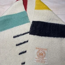 Vintage Hudson Bay Orange Label 4 Point Wool Blanket 88” X 70”Raw Edge Multi