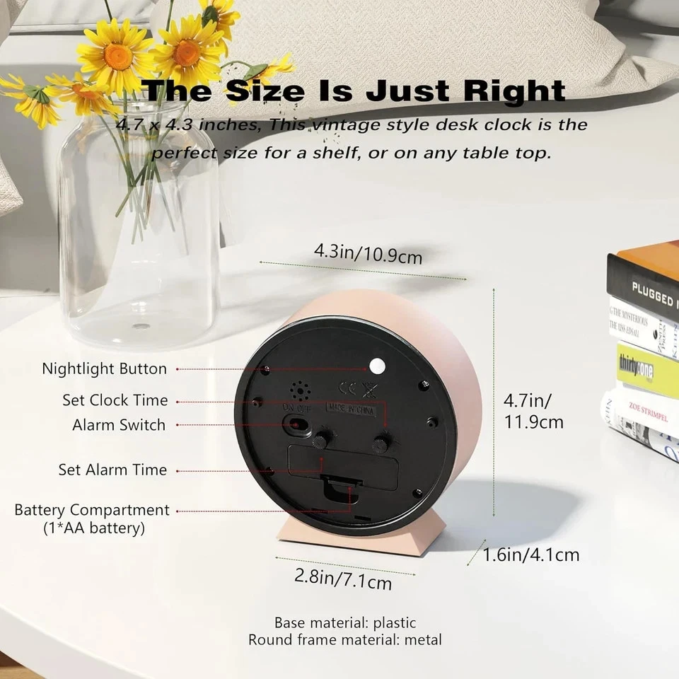 AYRELY® 4.5" Reloj Despertador Analógico,Pequeño Reloj de Escritorio Retro Batería Rosa Foto 3 de 3