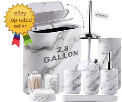 Bathroom Accessories Set, 9-Piece Marble White Bathroom Set, White Bathroom A...