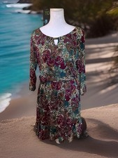 MSK Petite Print Beaded Keyhole 3/4 Sleeve Elastic Waist Ruffled Hem Dress M/L