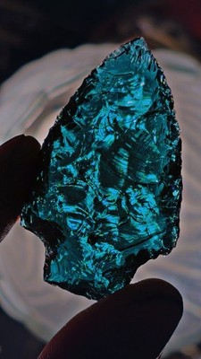 Flintknapped Teal Antique Glass Arrowhead, Stemmed Base, Beautiful