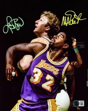 Larry Bird & Magic Johnson Auto 8x10 Photo Celtics Lakers Spotlight Beckett Wit