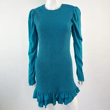 Lovers + Friends Teal Smocked Ruffle Mini Dress Size M Long Sleeve Party Bodycon