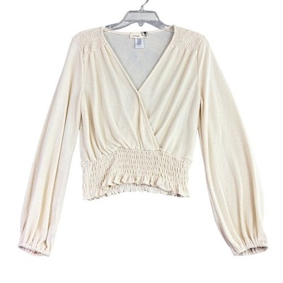 Everleigh Womens S Cream Surplice Wrap Top Smocked Waist Bishop Sleeve Casual
