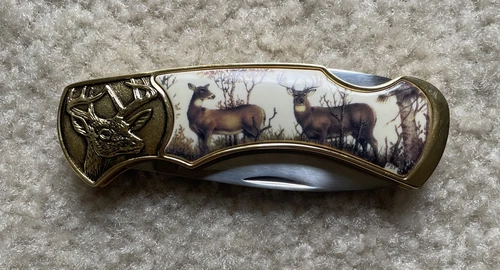 FRANKLIN MINT : DEER COLLECTOR KNIFE W/ BLACK STORAGE POUCH #a