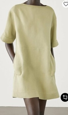 Massimo Dutti Linen Blend Tan Mini  Day Dress With Pockets Size Small