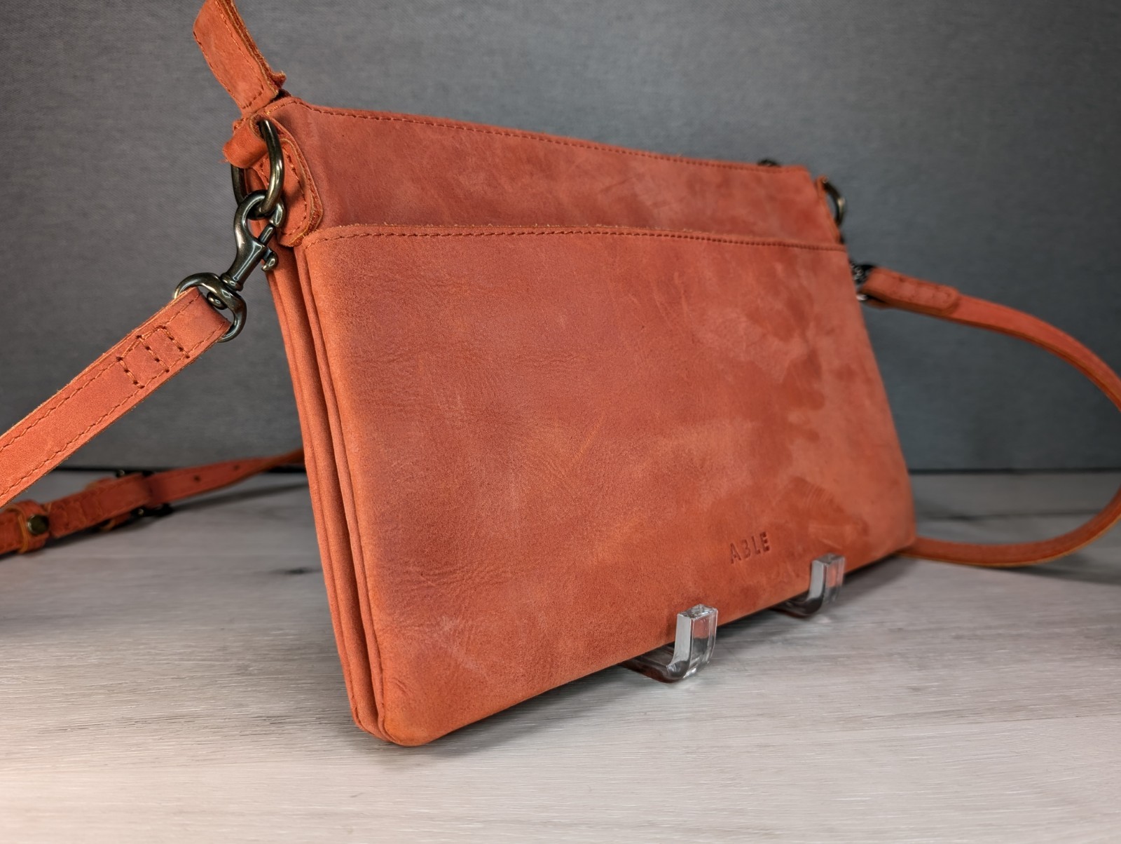 ABLE Raw Leather Crossbody Bag / Purse Top Zip Multiple Pockets 11" x 7" 