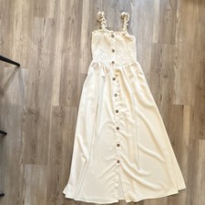 Ivory Smocked Maxi Dress with Ruffle Straps Button-Down Sleeveless S
