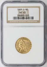 1909-D $5 Indian Gold Half Eagle NGC MS63