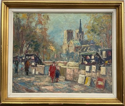 Jean Le Van 1912-1964 Pariser Buchmarkt an der Seine mit Kathedrale Notre-Dame 