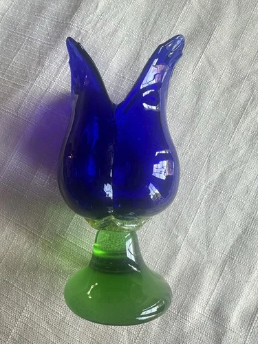 Murano Glass Cobalt Blue/Green Tulip Hand Blown Glass Base 6.5”